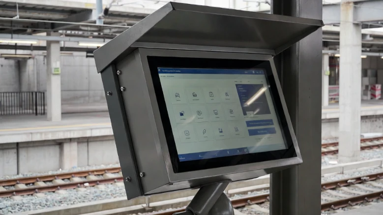 Durable outdoor touch screen kiosk deployed at a high-traffic transit hub rail platform, showing resistance to conductive brake dust and harsh environments Durable outdoor touch screen kiosk deployed at a high-traffic transit hub rail platform, showing resistance to conductive brake dust and harsh environments