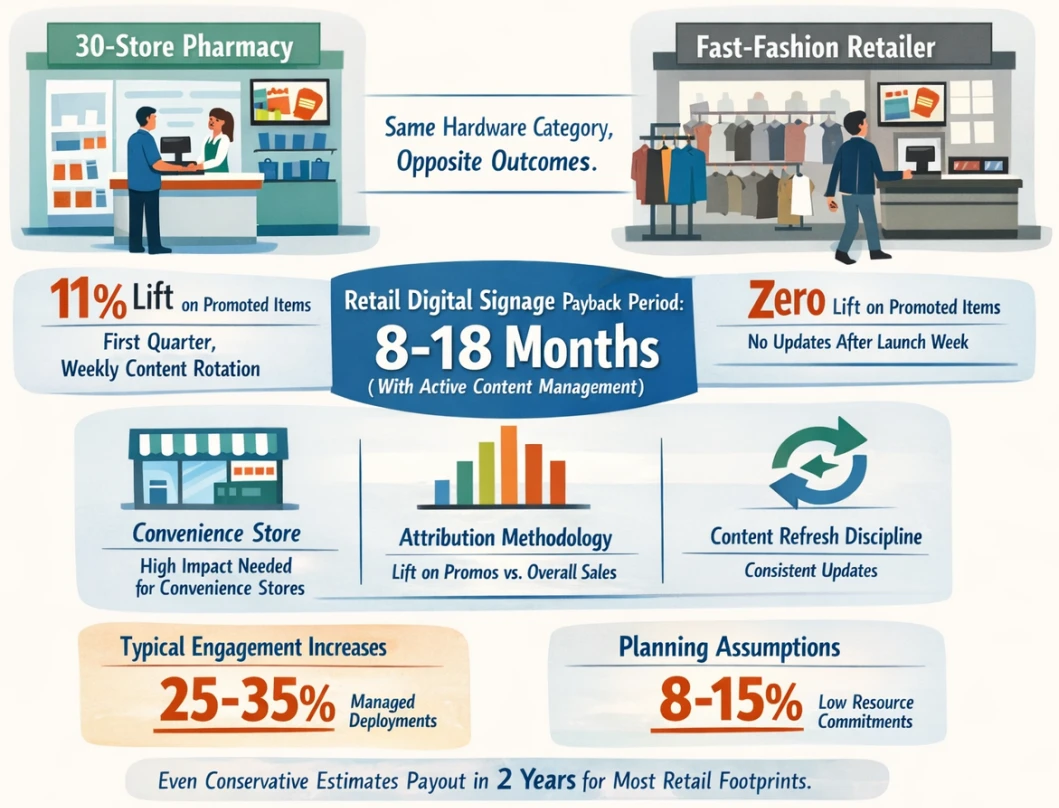 Retail digital signage ROI measurement showing 11 percent lift on promoted items with active content management and weekly rotation at checkout Retail digital signage ROI measurement showing 11 percent lift on promoted items with active content management and weekly rotation at checkout