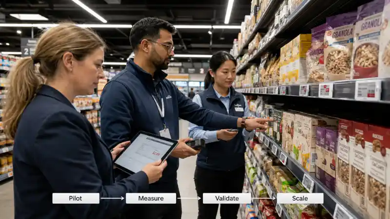 Retail operations and IT teams validating electronic shelf labels during a supermarket pilot