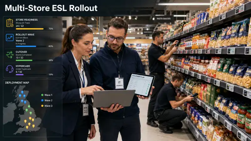 Retail IT and store operations teams managing a multi-store electronic shelf label rollout in a supermarket