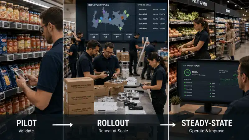 Comparison of ESL pilot, multi-store rollout, and steady-state retail operations