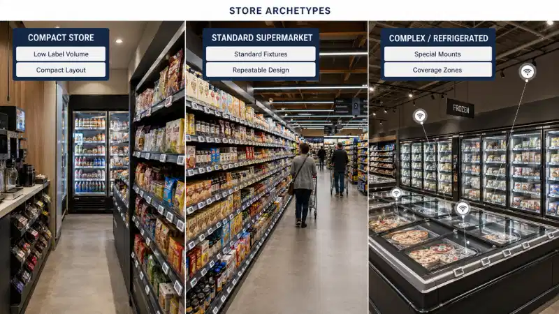Three retail store archetypes used to plan electronic shelf label deployment