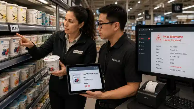 > Retail staff investigating a price mismatch between an electronic shelf label and POS system > Retail staff investigating a price mismatch between an electronic shelf label and POS system