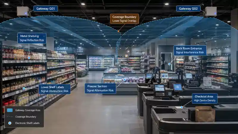 > Electronic shelf label gateway placement and wireless coverage zones in a modern supermarket