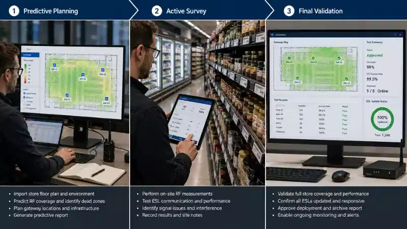 > Three-stage ESL RF site survey process from predictive planning to active testing and final validation